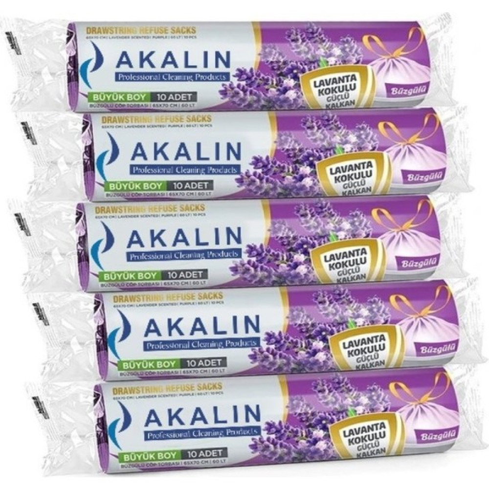Akalın Büzgülü Lavanta Kokulu Büyük Boy Çöp Torbası 55 x 60 cm 10'lu 5 Rulo - 65 x 70 cm Çöp Poşetleri Fiyatı