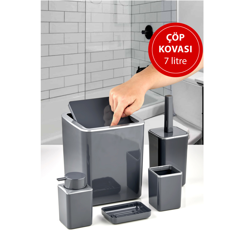 AKAN HOME Inter 5 Parça Banyo Seti Antrasit Gümüş Saten Banyo Aksesuarları Fiyatı