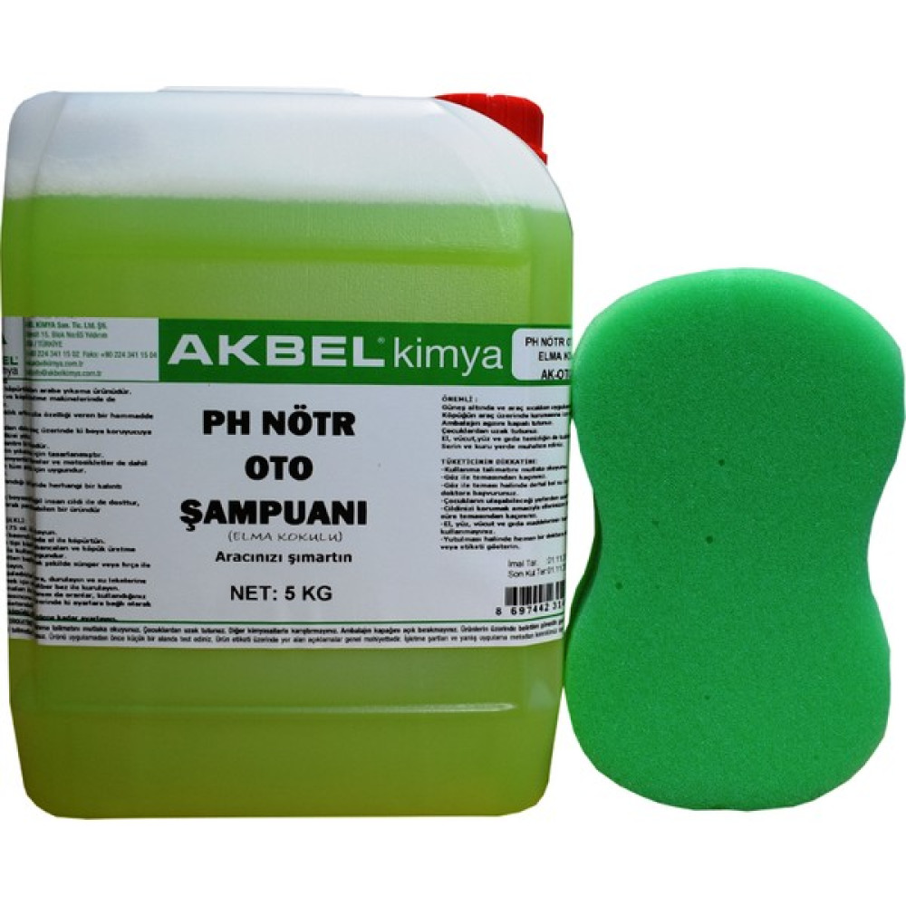 Akbel Ph Nötr Oto Şampuanı 5 Kg (Elma Kokulu)+Yıkama Süngeri Oto Yıkama Ürünleri Fiyatı