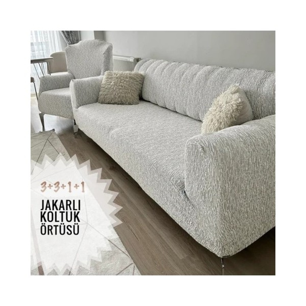 Akbu Jakarlı Koltuk Örtüsü 3+3+1+1 - 180 x 230 cm - Taş Rengi Koltuk & Kanepe Örtüsü Fiyatı