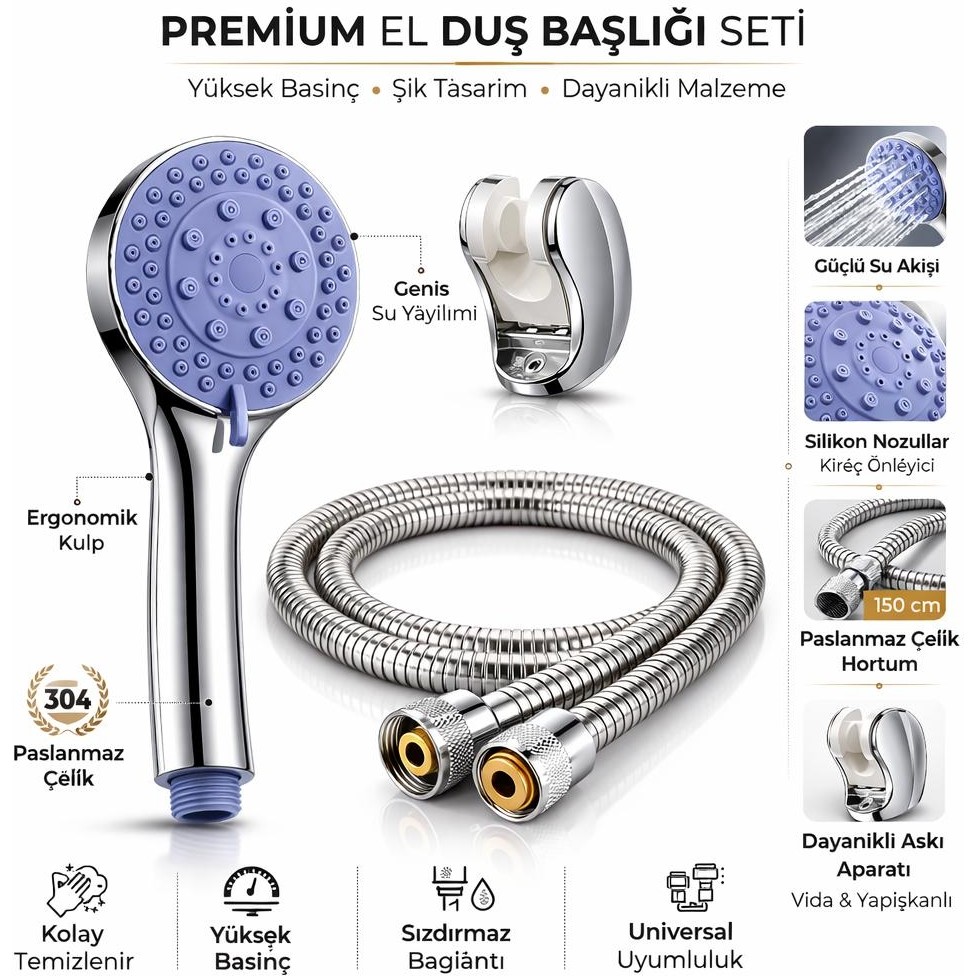 Akçay Premium 3 Fonksiyonlu Duş Başlığı Seti- Krom El Duşu + 150 cm Spiral Hortum+Duvar Askısı TV Aksesuarları Fiyatı