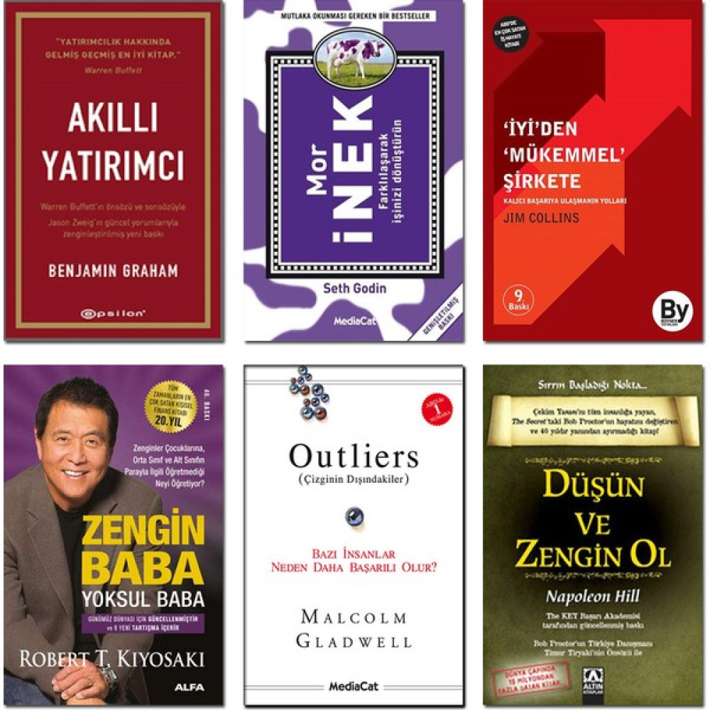 Akıllı Yatırımcı + Mor Inek + Iyiden Mükemmel Şirkete + Zengin Baba Yoksul Baba + Outliers (Çizginin Dışındakiler) + Düşün ve Zengin Ol - 6 Kitap Set Ekonomi Pazarlama Kitapları Fiyatı
