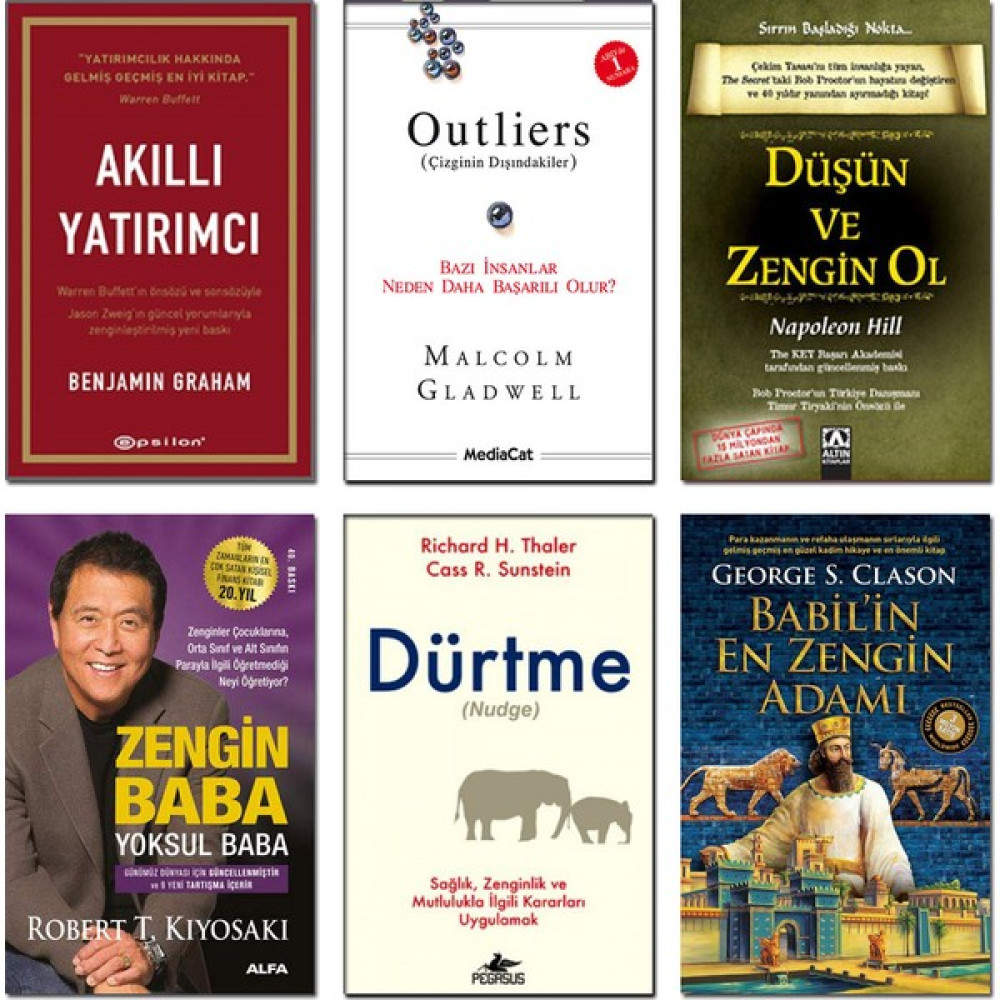 Akıllı Yatırımcı + Outliers (Çizginin Dışındakiler) + Düşün ve Zengin Ol + Zengin Baba Yoksul Baba + Dürtme (Nudge) + Babilin En Zengin Adamı - 6 K... Ekonomi Pazarlama Kitapları Fiyatı