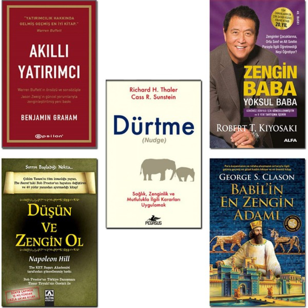 Akıllı Yatırımcı + Zengin Baba Yoksul Baba + Babil'in En Zengin Adamı + Düşün ve Zengin Ol + Dürtme (Nudge) - 5 Kitap Set Ekonomi Pazarlama Kitapları Fiyatı