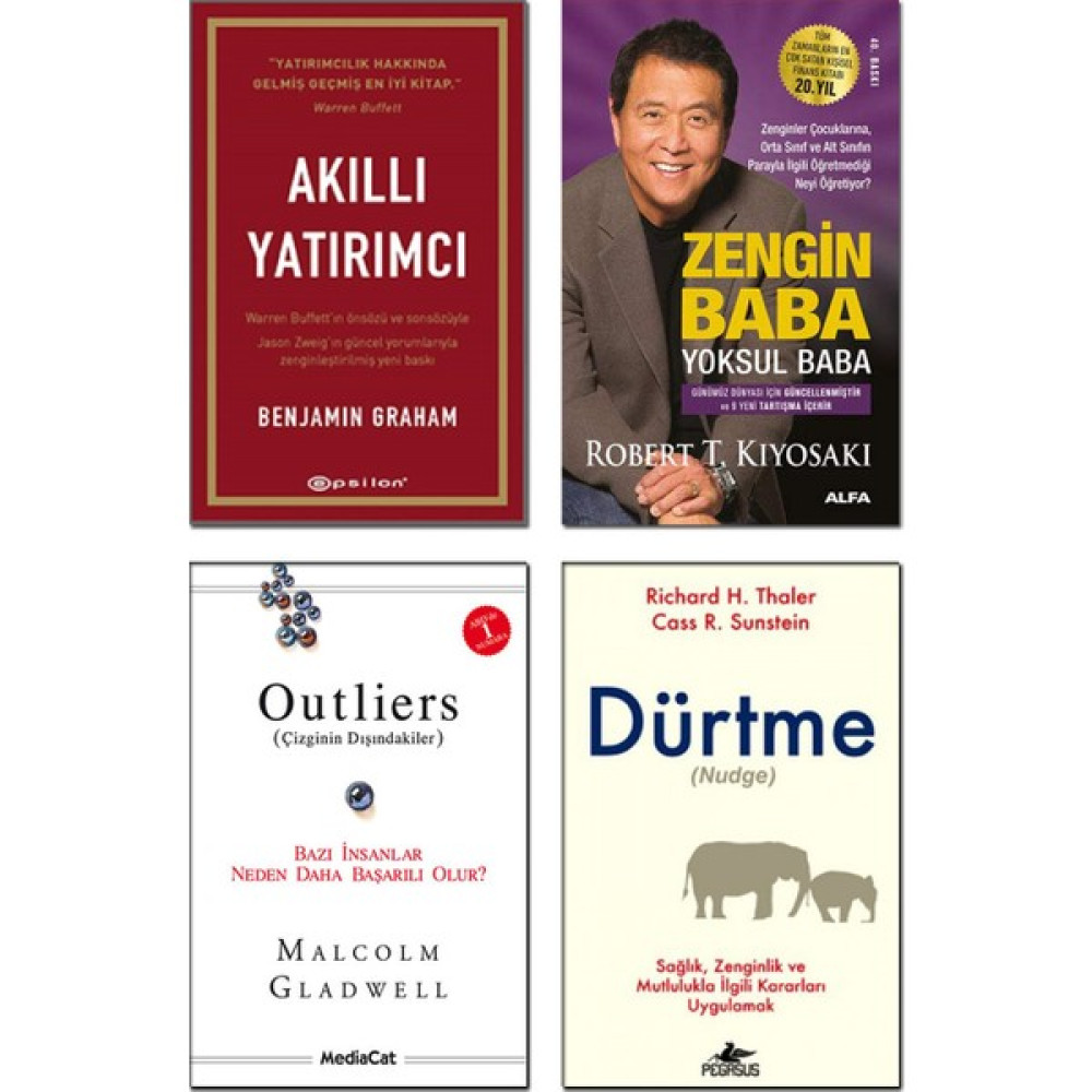 Akıllı Yatırımcı + Zengin Baba Yoksul Baba + Outliers (Çizginin Dışındakiler) + Dürtme (Nudge) - 4 Kitap Set Ekonomi Pazarlama Kitapları Fiyatı