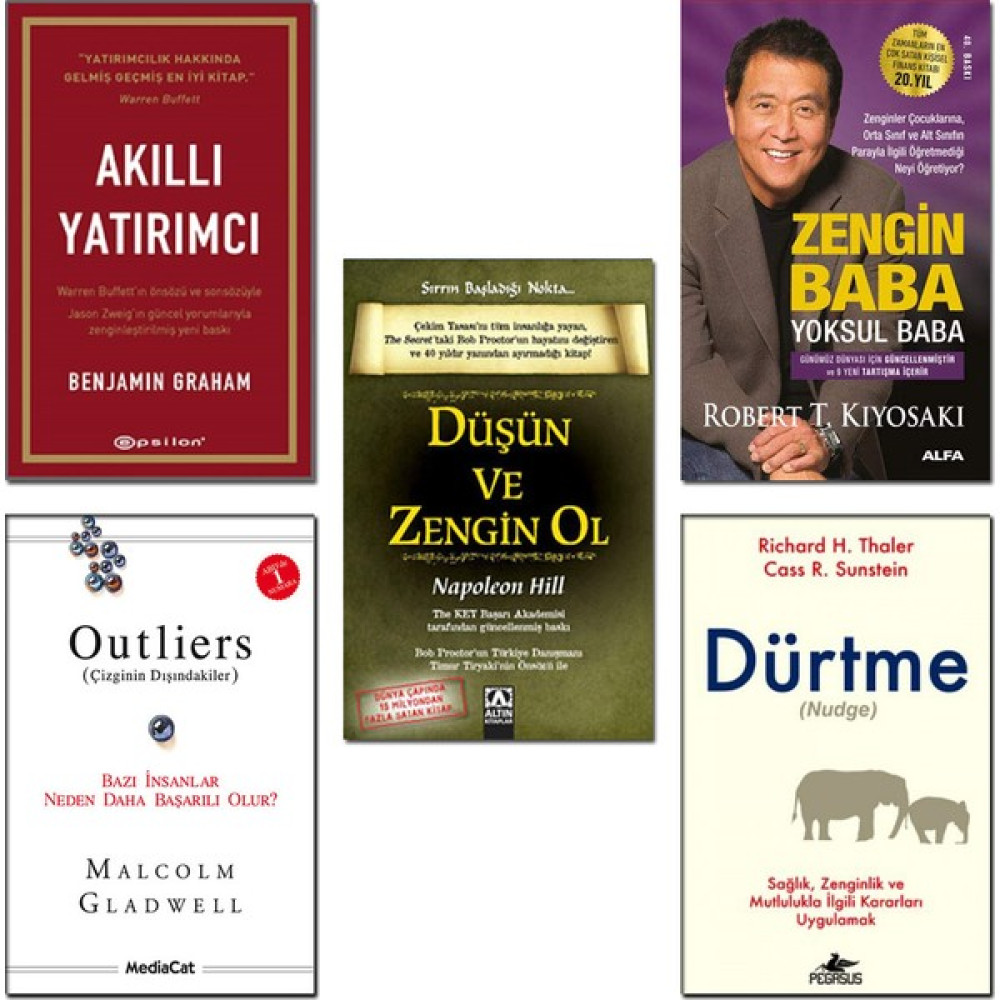 Akıllı Yatırımcı + Zengin Baba Yoksul Baba + Outliers (Çizginin Dışındakiler) + Dürtme (Nudge) + Düşün ve Zengin Ol - 5 Kitap Set Ekonomi Pazarlama Kitapları Fiyatı