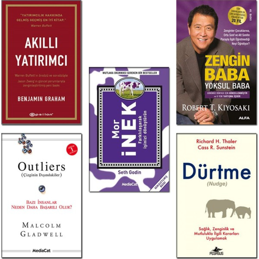 Akıllı Yatırımcı + Zengin Baba Yoksul Baba + Outliers (Çizginin Dışındakiler) + Dürtme (Nudge) + Mor Inek - 5 Kitap Set Ekonomi Pazarlama Kitapları Fiyatı