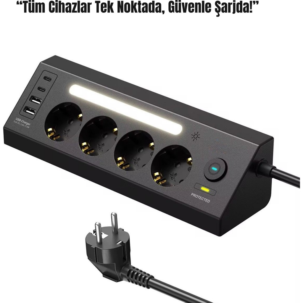 Akım Korumalı 4’lü Priz | 2 Usb-C + 2 Usb-A Çıkış | LED Işıklı Güç Ünitesi | 2 Metre Kablo – Hızlı Şarj ve Güvenli Kullanım - Siyah Cep Telefonu Şarj Cihazı Fiyatı