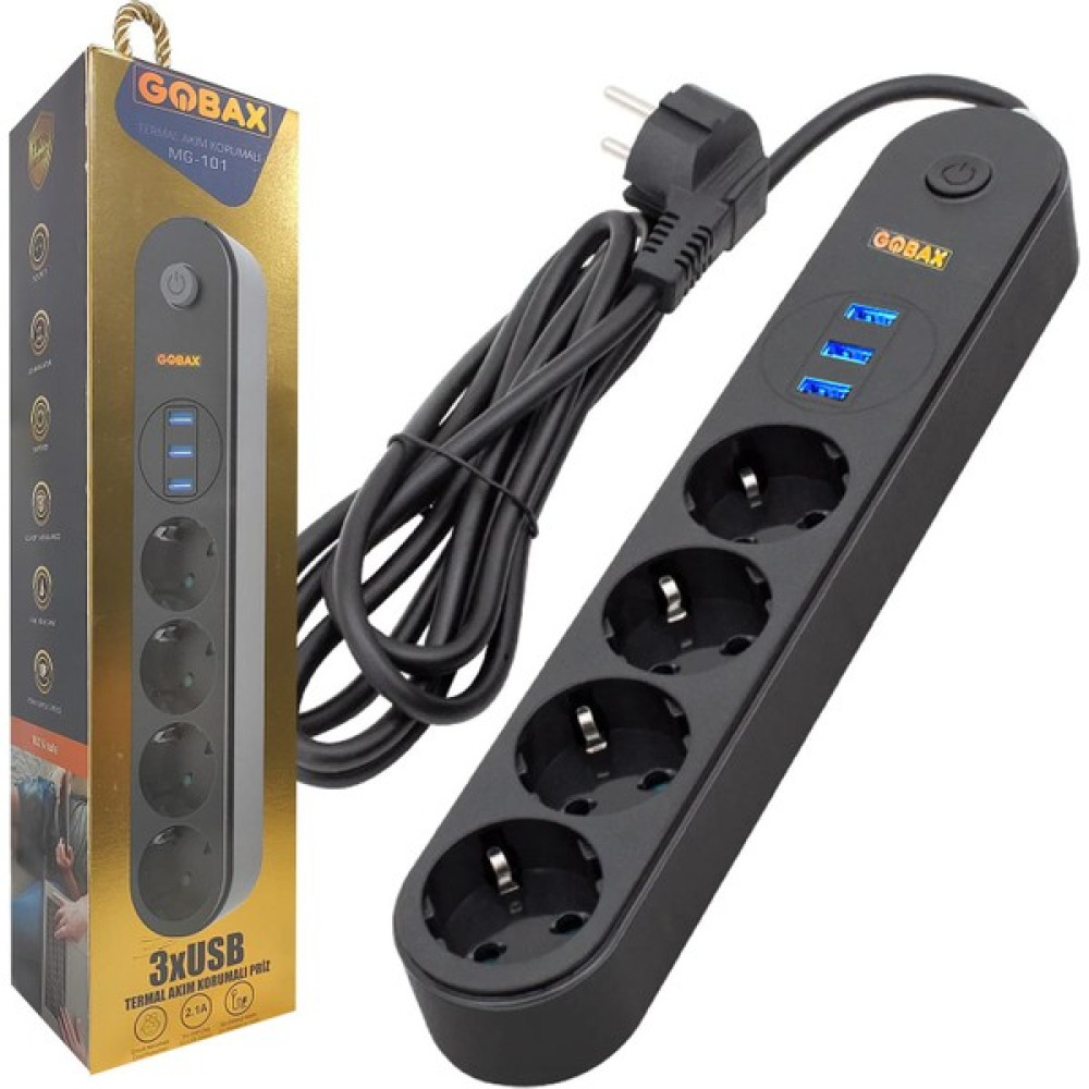 Akım Korumalı Priz Dörtlü Anahtarlı 10A 2mt 3xusb 2.1A Gobax MG-101 Prizler Fiyatı