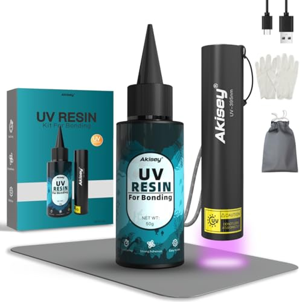 Akisey UV Resin Kit with Light, 50g UV Resin with Rechargeable 395NM UV Flashlight, Fast Curing in Seconds, UV Glue Adhesive for Bonding Jewelry, Plastic, Glass Repair, w/Mat, Gloves, Storage Bag