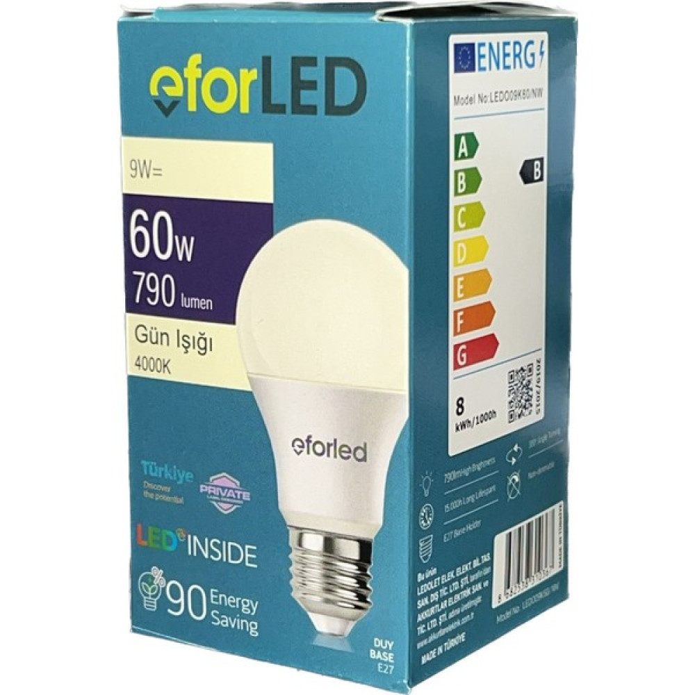 Akkurtlar Eforled LED Lamba 9W-60W 806 Lümen Günışığı 4000K Işık E-27 Duy - Gün Işığı - 60 - 70 W Led Aydınlatmalar Fiyatı