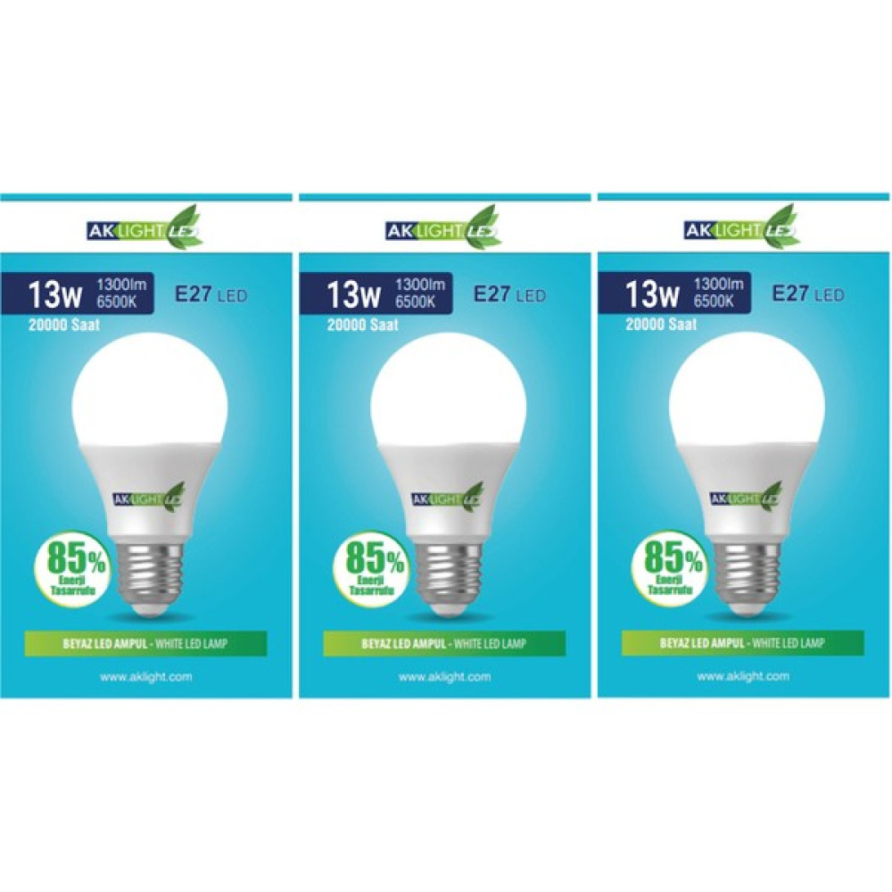 Aklight 13W Beyaz Işık E-27 LED Ampul 1300 Lm 3 Lü Paket Led Aydınlatmalar Fiyatı