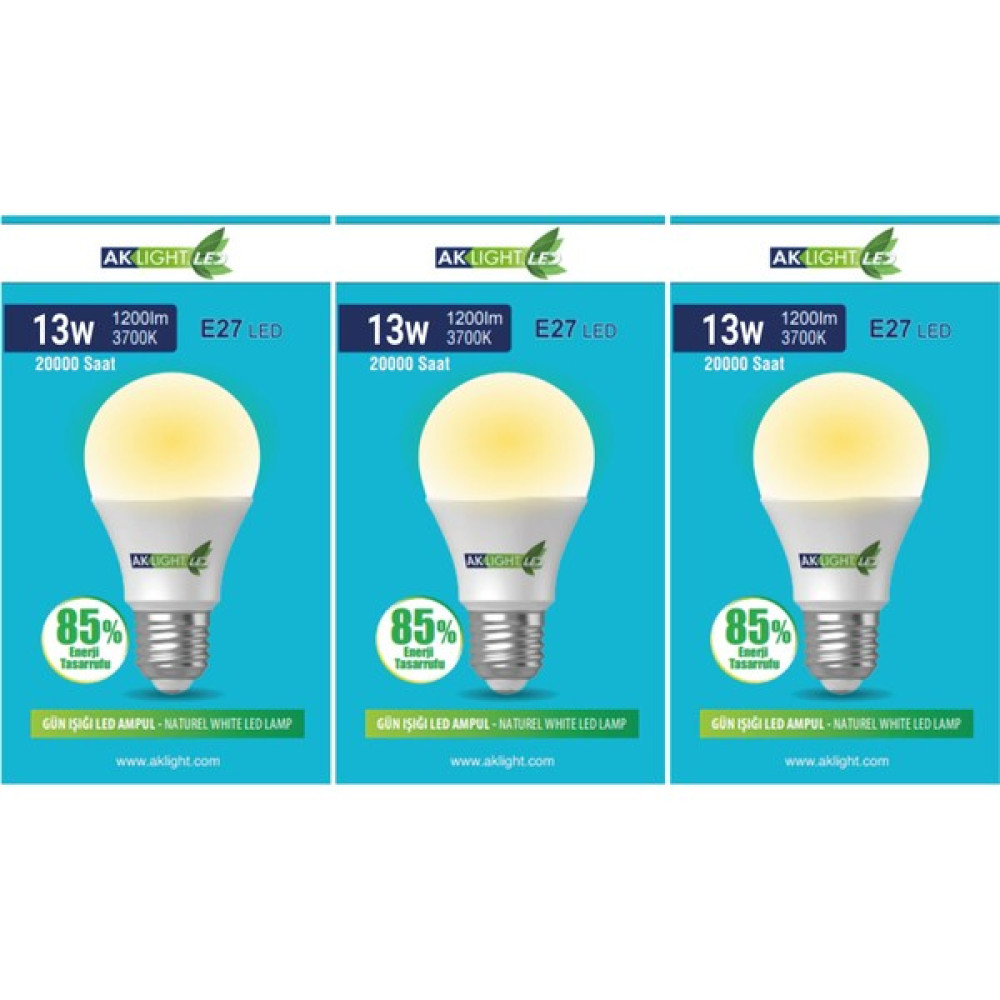 Aklight 13W Günışığı E-27 LED Ampul 1200 Lm 3 Lü Paket Led Aydınlatmalar Fiyatı