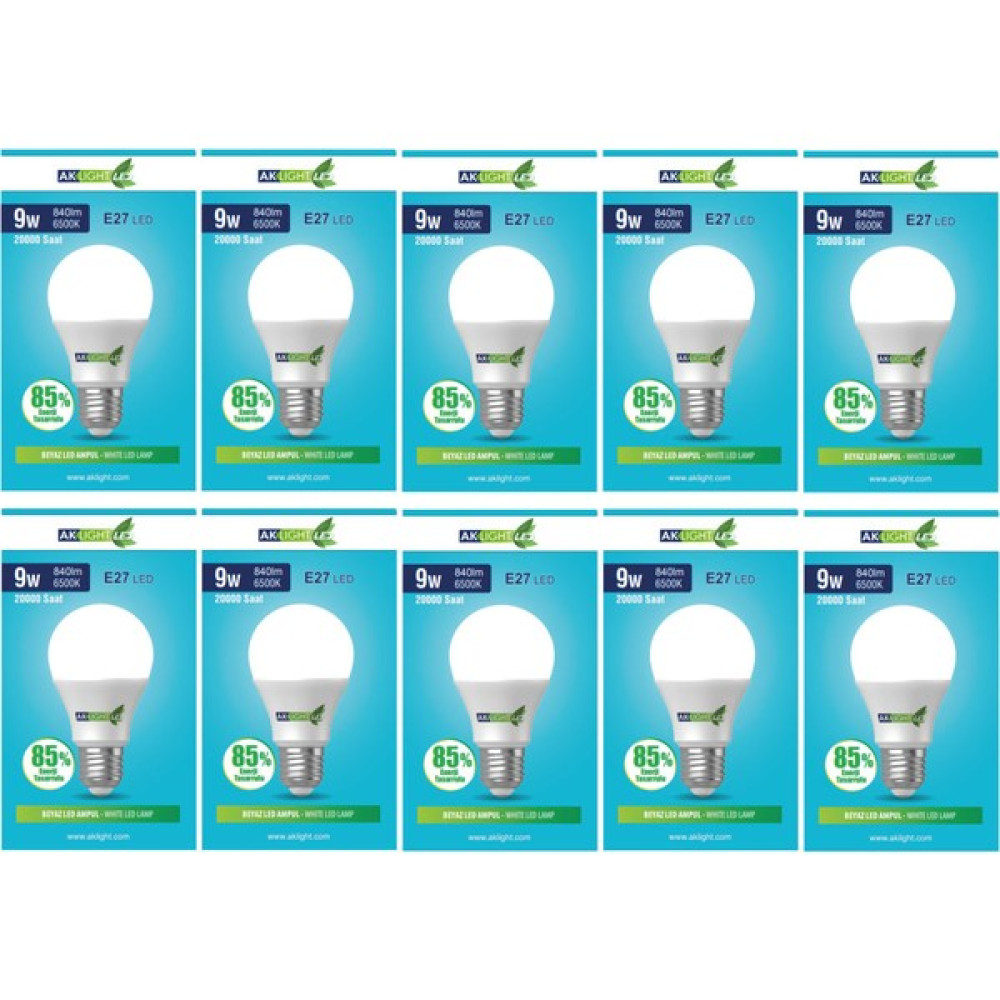 Aklight 9W Beyaz Işık E-27 LED Ampul 840 Lm 10 Lu Paket Led Aydınlatmalar Fiyatı