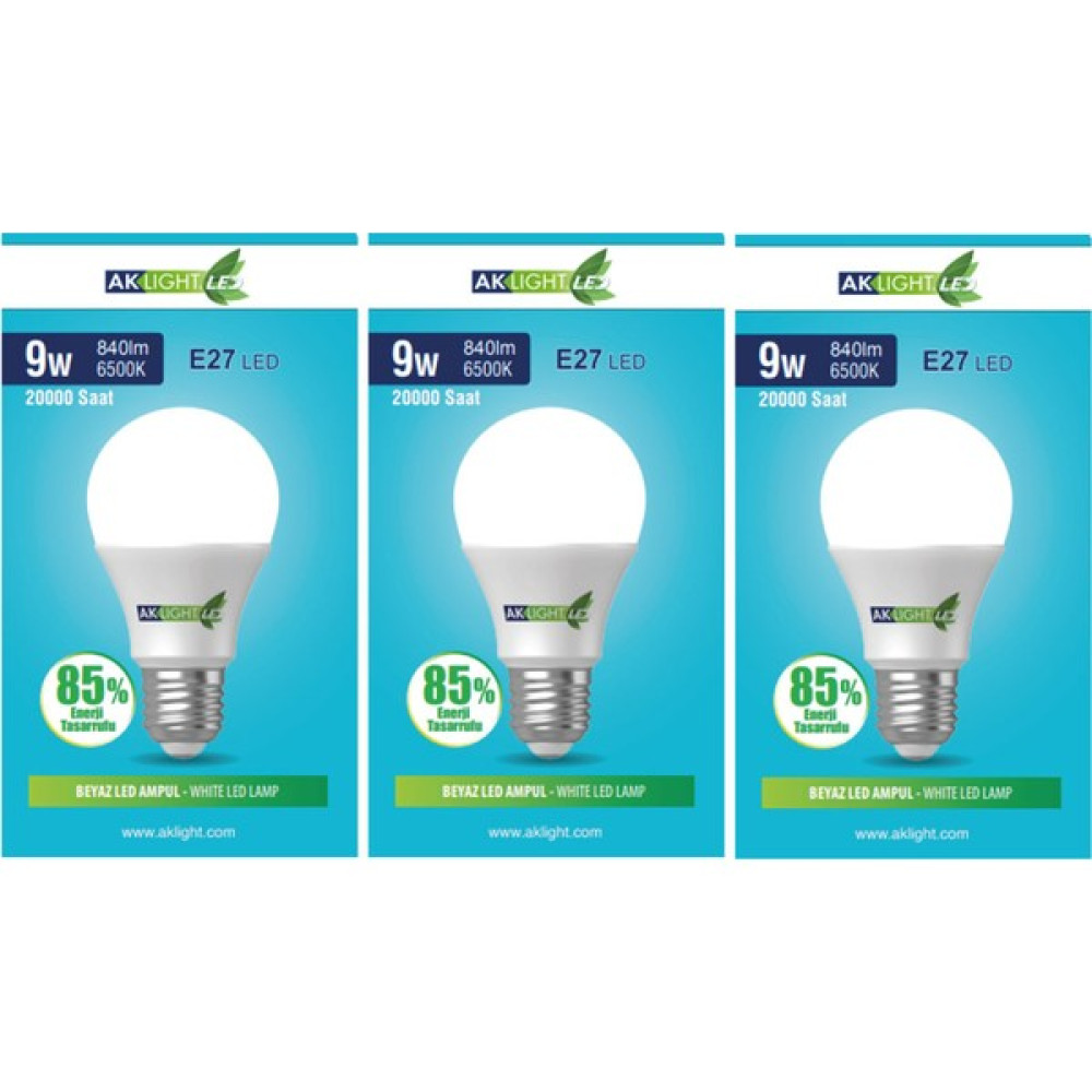 Aklight 9W Beyaz Işık E-27 LED Ampul 840 Lm 3 Lü Paket Led Aydınlatmalar Fiyatı