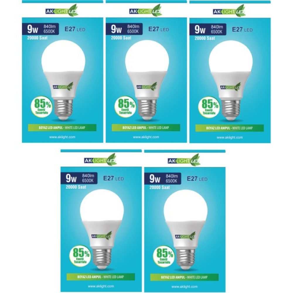 Aklight 9W Beyaz Işık E-27 LED Ampul 840 Lm 5 Li Paket Led Aydınlatmalar Fiyatı