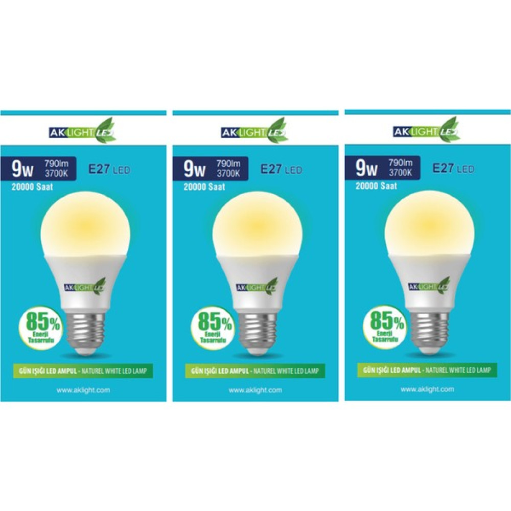 Aklight 9W Günışığı E-27 LED Ampul 790 Lm 3 Lü Paket Led Aydınlatmalar Fiyatı