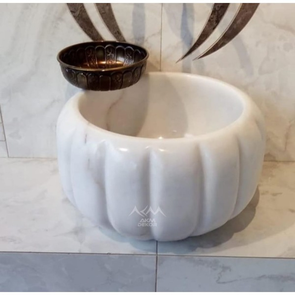 AKM Beyaz Modern Kavun Dilimli Mermer Kurna Lavabo Fiyatı