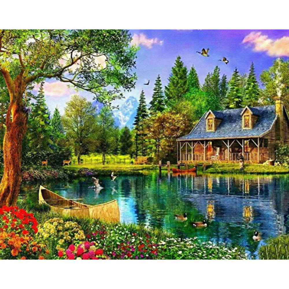 Akmer Sayılarla Elmas Boyama Hobi Seti - Göl Kenarındaki Orman Evi 30X40 cm - Yeşil Sanatsal Malzemeler Fiyatı