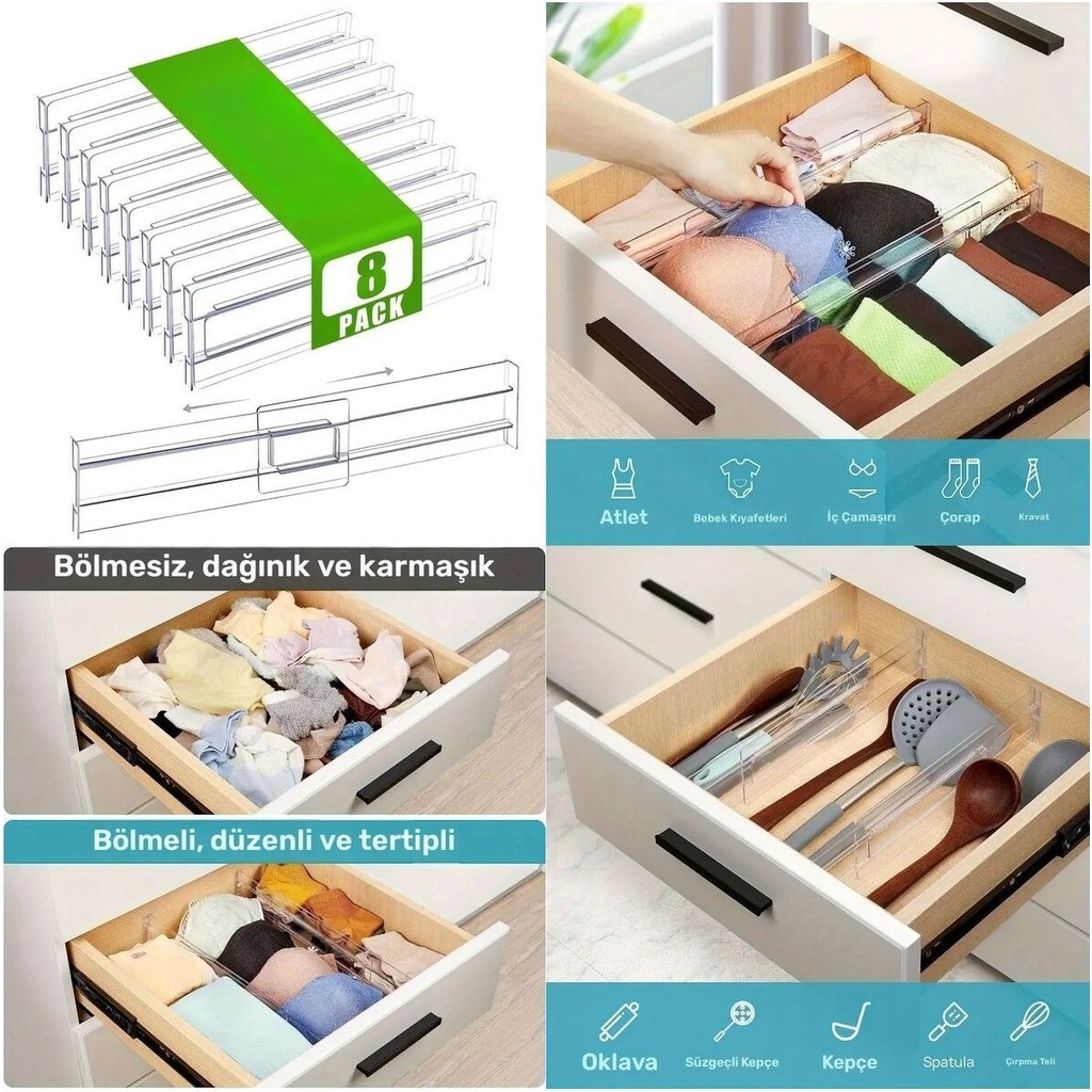Akrilik Ayarlanabilir Çekmece Bölücü Düzenleyici Organizer 8 Adet Diğer Fiyatı