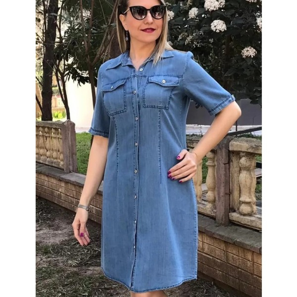 Akşen Giyim Büyük Beden Ince Kot Denim Kumaş Boydan Düğmeli Iki Cepli Kısa Kol Jeans Elbise Elbise Fiyatı