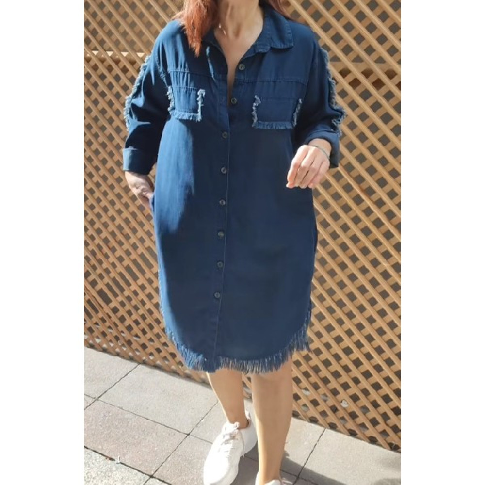 Akşen Giyim Büyük Beden Ince Tensel Kot Denim Kumaş Gömlek Yaka Boydan Düğmeli Püskül Detaylı Jean Elbise/tunik Tunik Fiyatı