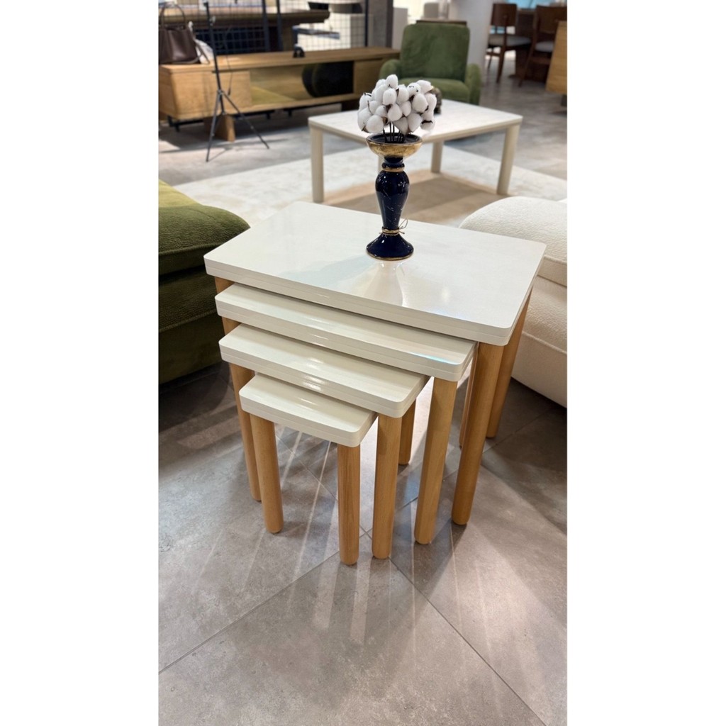 Akset Bohem Tarzda 4'lü Krem Zigon Sehpa Gürgen Ayaklı Modern Tasarım 65 cm Genişlik 57 cm Yükseklik Yan Sehpa Fiyatı