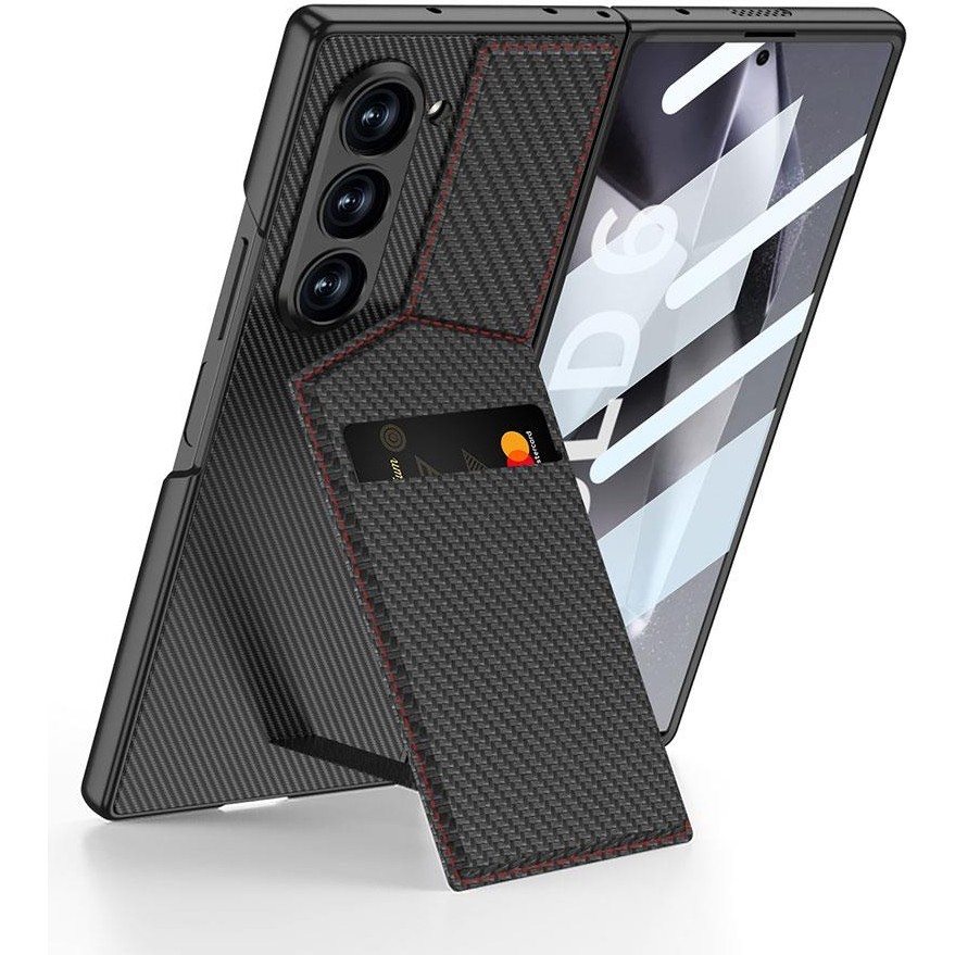 AktarMobile Samsung Galaxy Z Fold 6 Uyumlu Kartlıklı Kılıf Yatay Dikey Standlı Kamera Korumalı Premium Kapak - Siyah Karbon Cep Telefonu Kılıfı Fiyatı