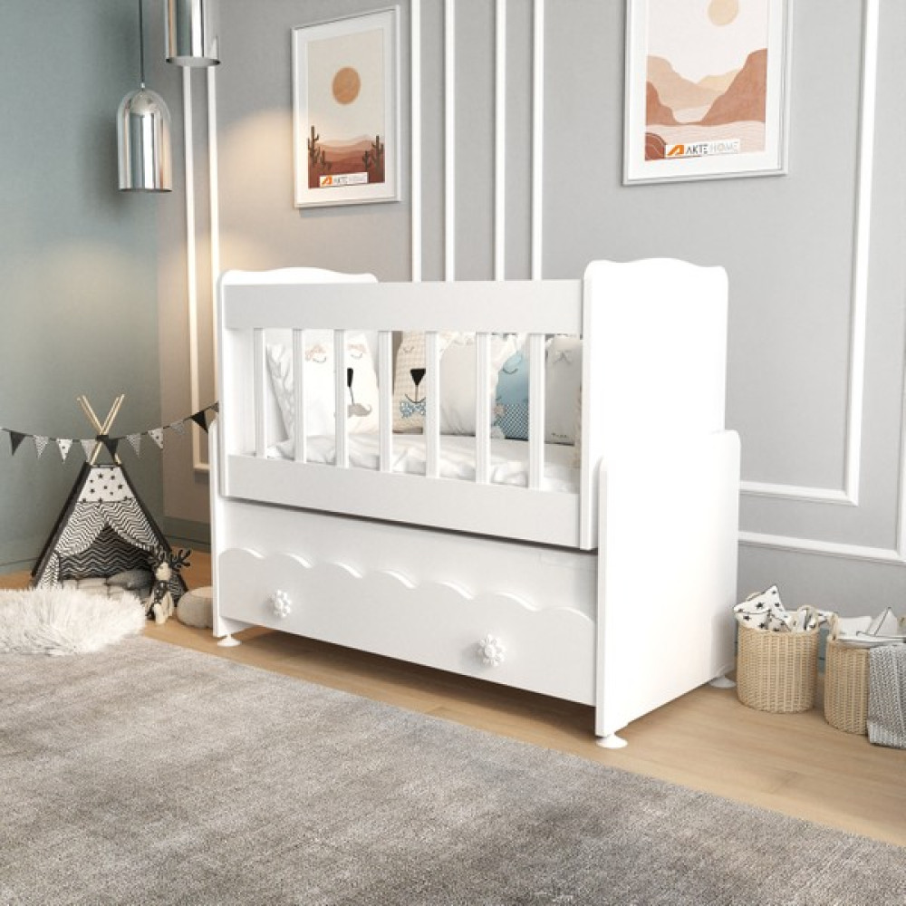 Akte Home Çekmeceli Sallanır Anne Yanı Ahşap Bebek Beşiği Beyaz - 112 cm x 55 cm x 92 cm Beşik Fiyatı