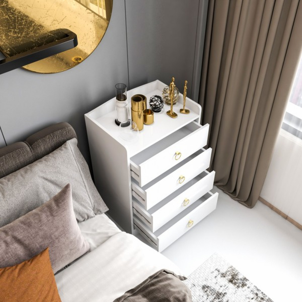 Akte Home White 4 Çekmeceli Şifonyer Gold Kulplu - Beyaz Şifonyer Fiyatı