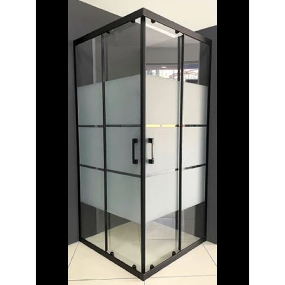 Aktu Duşakabin Kare 5mm Temperli Cam - Mat Siyah Profil / Kumlama Kutu (Box) Desen - 100 x 100 Duşakabin Fiyatı
