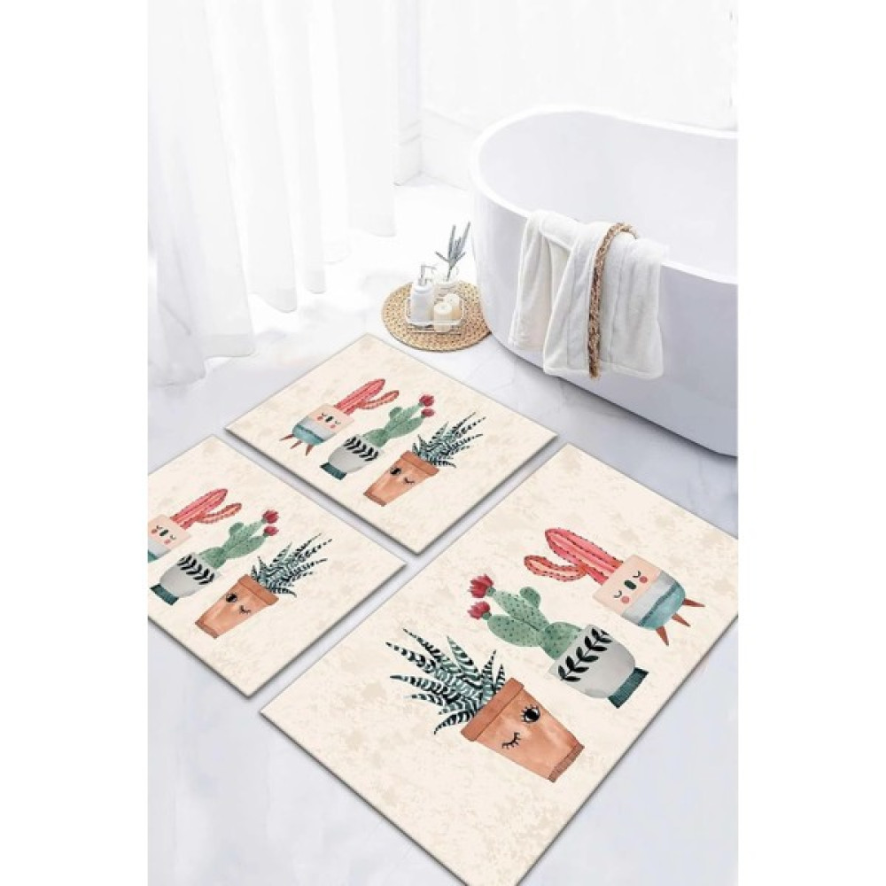 Alaaddin Carpet Kaymaz Tabanlı Leke Tutmaz Yıkanabilir 3lu (60 x 100) 2(50 x 60) Krem Kaktus Kaktus Desenli Banyo Halısı Banyo Paspası Klozet Takımı Klozet Takımı Fiyatı