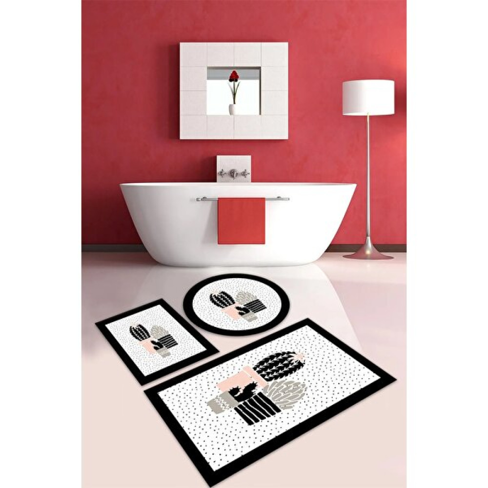 Alaaddin Carpet Kaymaz Tabanlı Leke Tutmaz Yıkanabilir 3lu (60X100) 2(50X60) Beyaz Kaktus Desenli Banyo Halısı Banyo Paspası Klozet Takımı Klozet Takımı Fiyatı