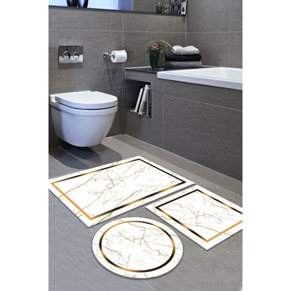 Alaaddin Carpet Kaymaz Tabanlı Leke Tutmaz Yıkanabilir 3lu (60X100) 2(50X60) Beyaz Taş Mermer Desenli Banyo Halısı Banyo Paspası Klozet Takımı Klozet Takımı Fiyatı