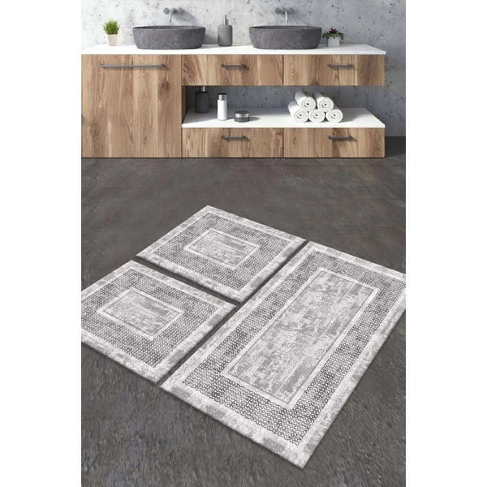 Alaaddin Carpet Kaymaz Tabanlı Leke Tutmaz Yıkanabilir 3lu (60X100) 2(50X60) Gri Kalsik Desenli Banyo Halısı Banyo Paspası Klozet Takımı Klozet Takımı Fiyatı