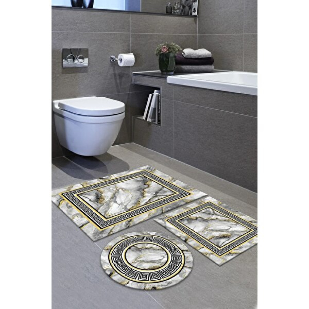 Alaaddin Carpet Kaymaz Tabanlı Leke Tutmaz Yıkanabilir 3lu (60X100) 2(50X60) Gri Taş Mermer Desenli Banyo Halısı Banyo Paspası Klozet Takımı Klozet Takımı Fiyatı