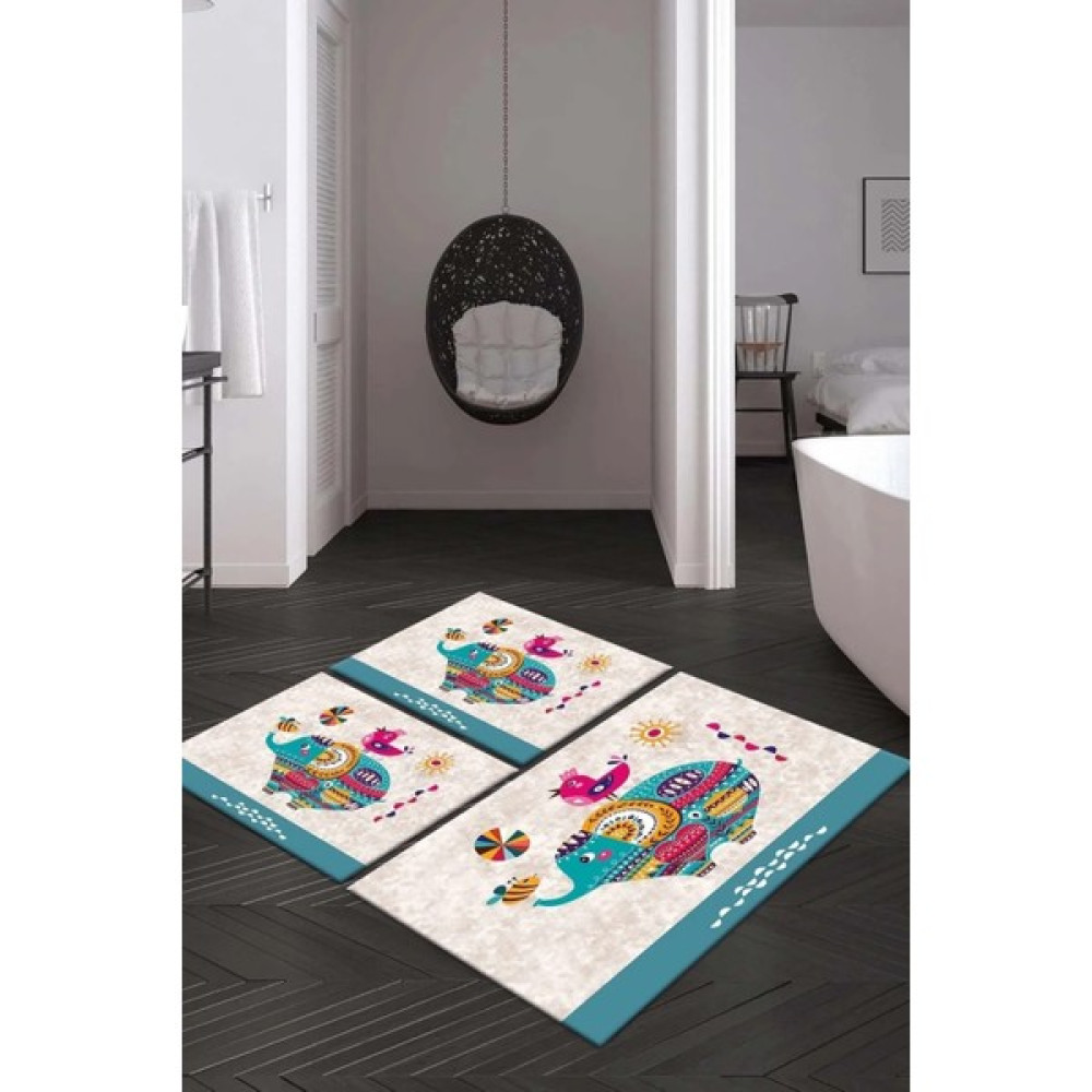 Alaaddin Carpet Kaymaz Tabanlı Leke Tutmaz Yıkanabilir 3lu (60X100) 2(50X60) Krem Fil Desenli Banyo Halısı Banyo Paspası Klozet Takımı Klozet Takımı Fiyatı