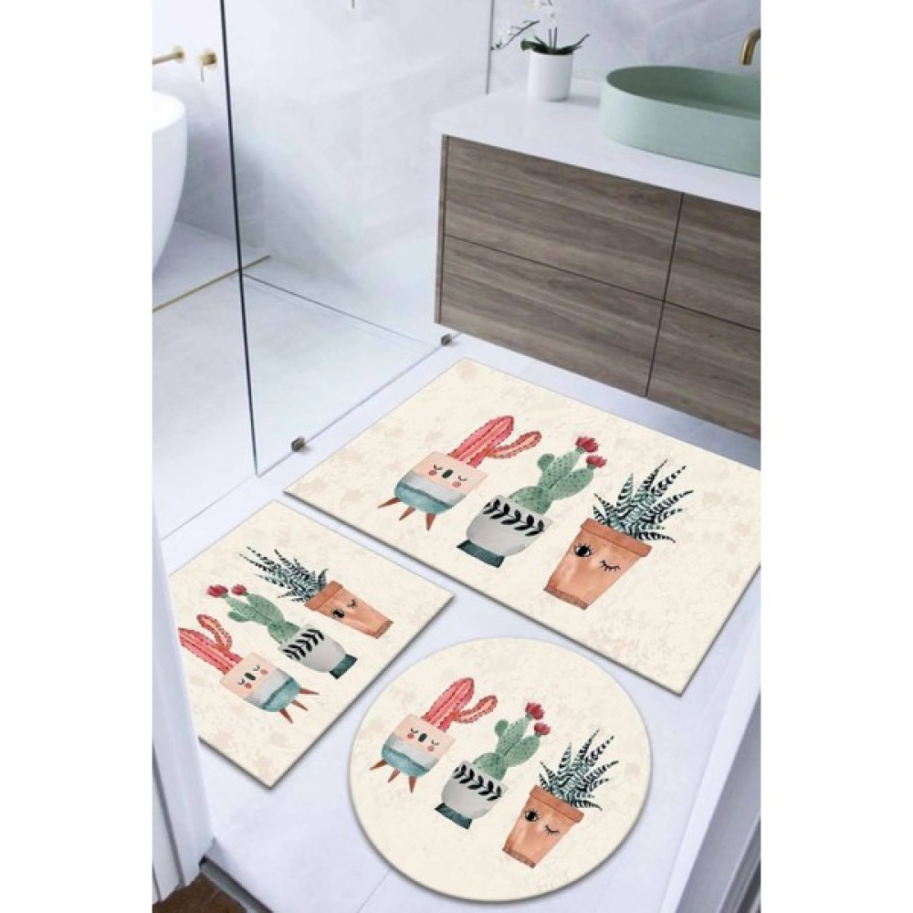 Alaaddin Carpet Kaymaz Tabanlı Leke Tutmaz Yıkanabilir 3lu (60X100) 2(50X60) Krem Kaktus Kaktus Desenli Banyo Halısı Banyo Paspası Klozet Takımı Klozet Takımı Fiyatı