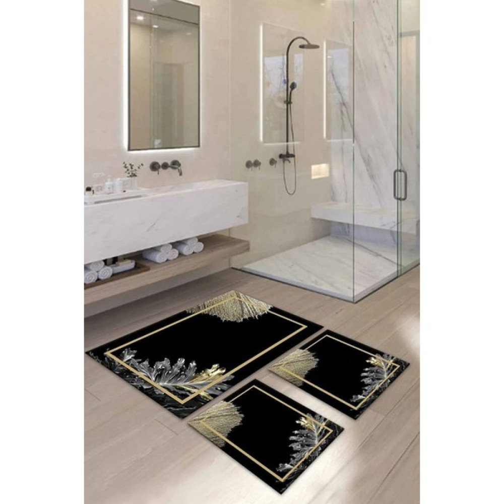 Alaaddin Carpet Kaymaz Tabanlı Leke Tutmaz Yıkanabilir 3lu (60X100) 2(50X60) Siyah Kalsik Desenli Banyo Halısı Banyo Paspası Klozet Takımı Klozet Takımı Fiyatı