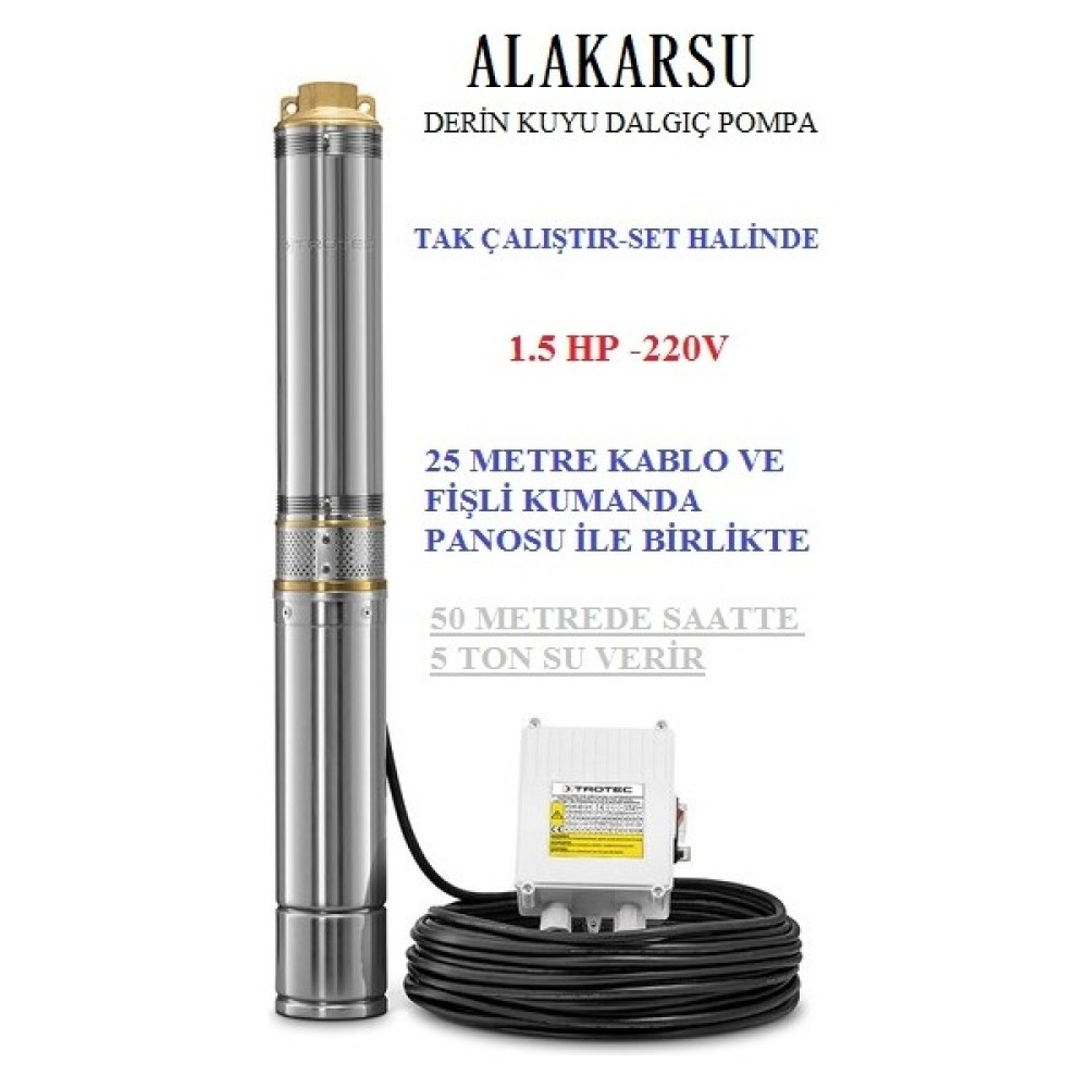 Alakarsu 1.5 Hp Alakarsu Italyan Teknoloji Derin Kuyu Dalgıç Pompa (25 Metre Kablo ve Pano Dahil) Su Motoru Fiyatı