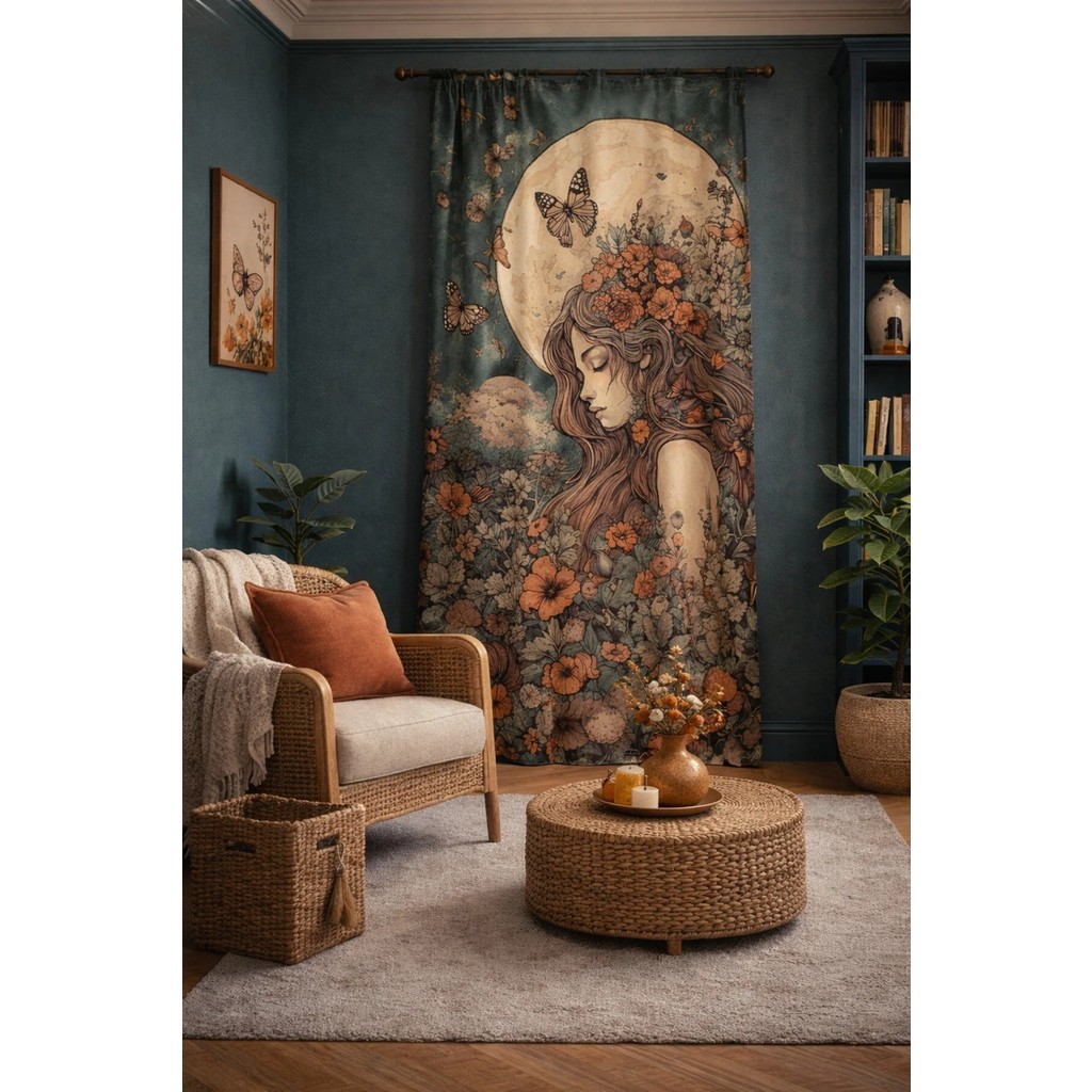 Alamodecor Doğa Kadın Kelebek Desenli Tek Kanat Genç Odası Fon Perde - Sütlü Kahve - 140 x 250 cm Perde Fiyatı