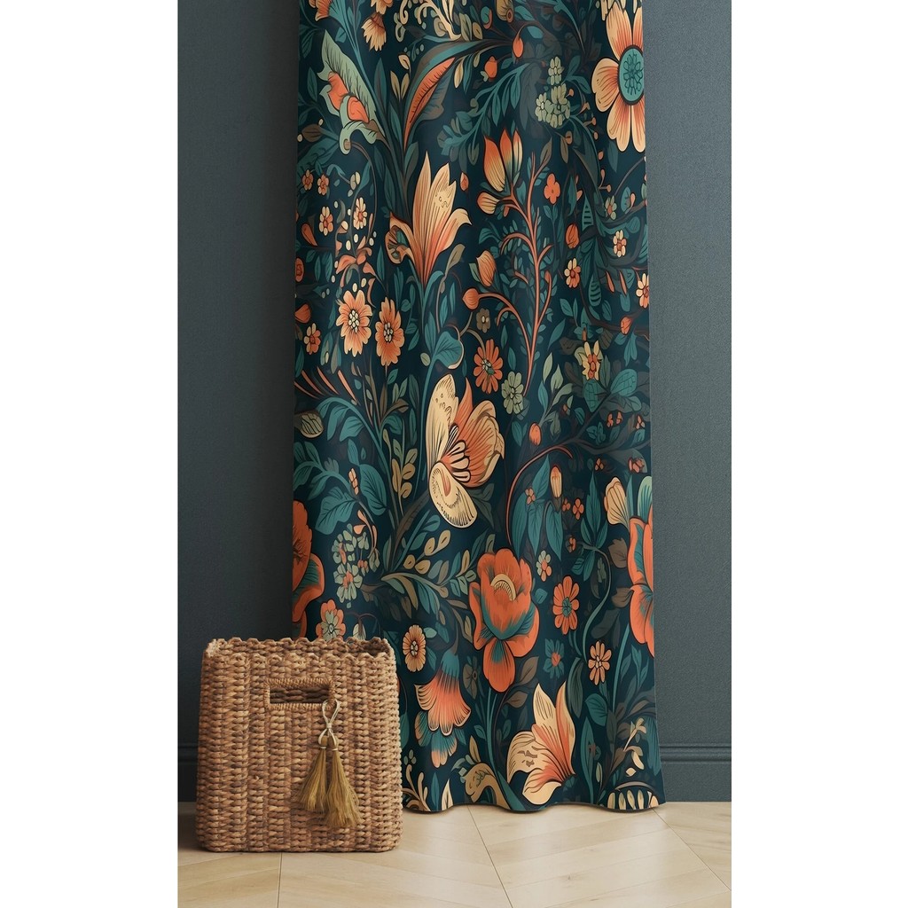 Alamodecor Turuncu Yeşil Çiçekli Model Tek Kanat Oturma Odası Salon Fon Perde - Sütlü Kahve - 140 x 260 cm Perde Fiyatı