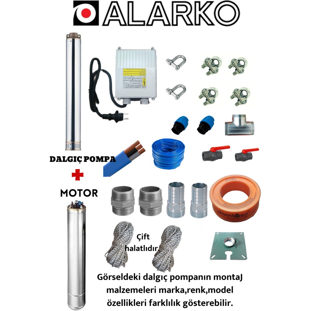 Alarko 4SDM12/8 2 Hp Alarko 15 mt Yassı Kablolu ve Panolu 30 mt Halatlı Çift Vanalı Akıtma Başlıklı Monofaze Takım Dalgıç Pompa SSD / Solid State Drive Fiyatı