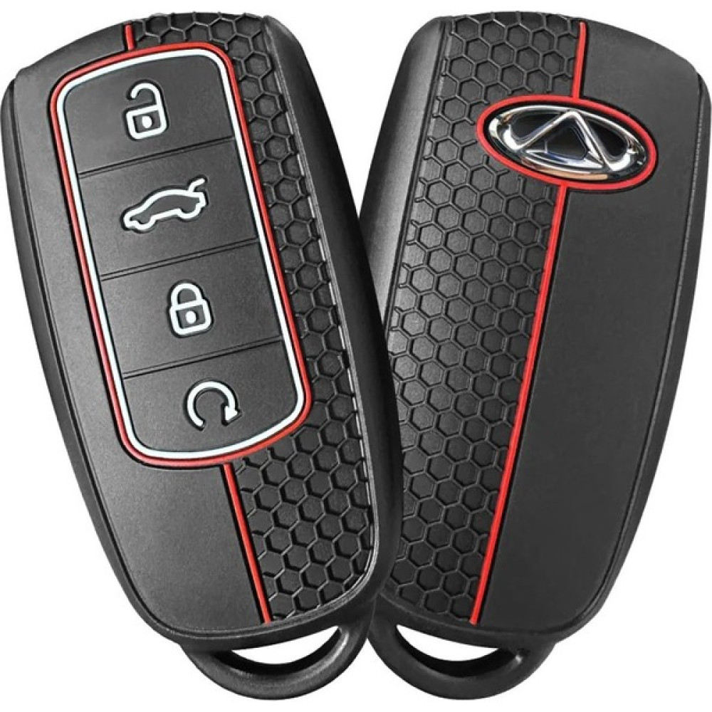 Alazpay Chery Tiggo 8 Pro & Omoda 5 Altıgen Desenli Silikon Anahtar Kılıfı (1 Adet) - Siyah - Kırmızı Anahtarlık Fiyatı