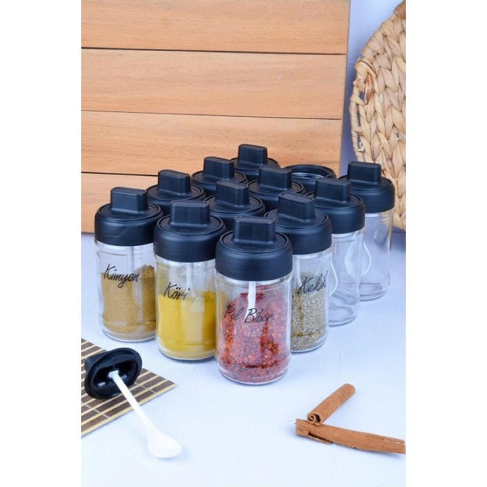 Albak Life 12 Adet Kapağı Kilitli Kendinden Kaşıklı Cam Baharatlık Seti - (300CC) - Siyah - 300 ml Baharat Setleri & Baharatlıklar Fiyatı
