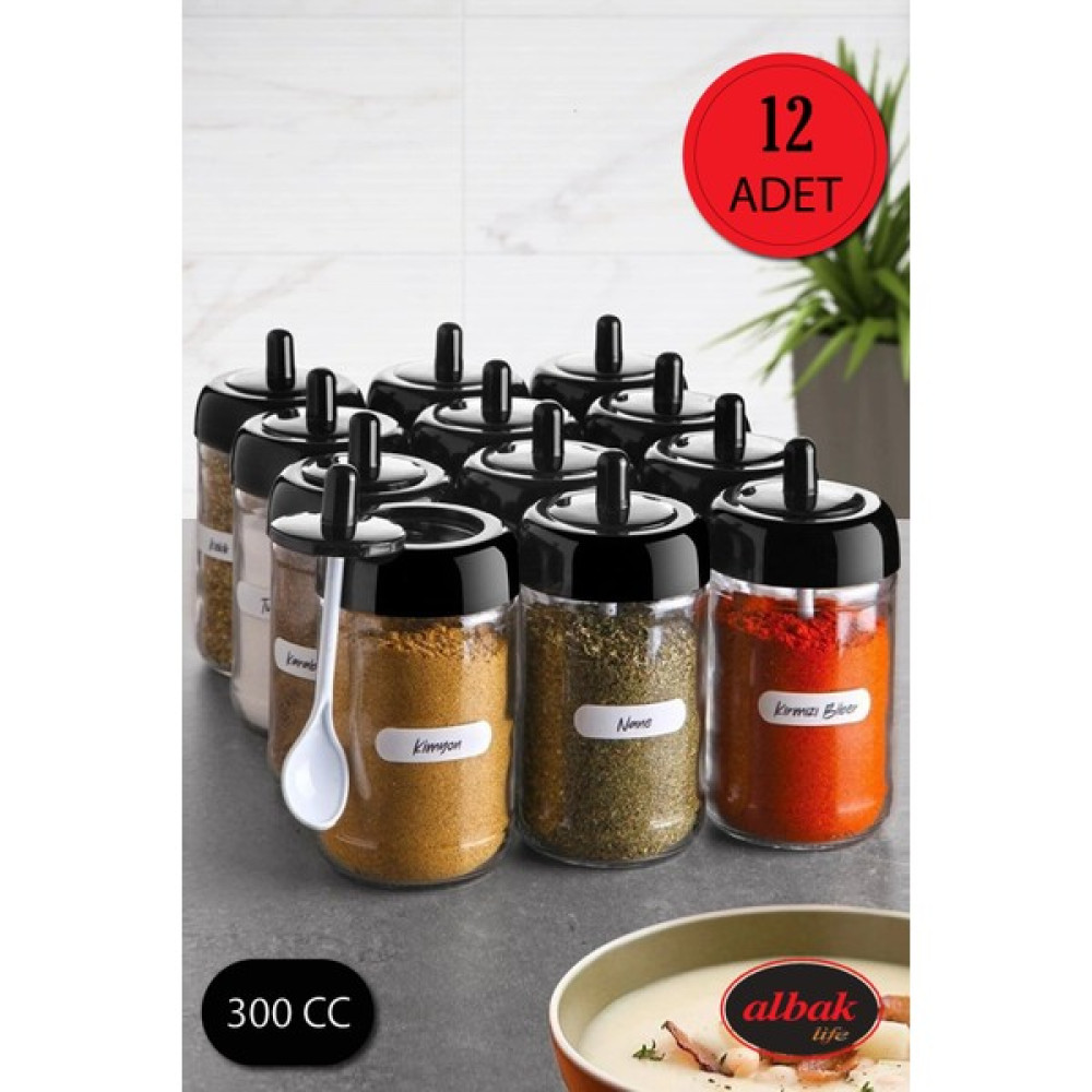 Albak Life 12 Adet Kendinden Kaşıklı Baharatlık Seti 300 ml Uzun - Siyah Baharat Setleri & Baharatlıklar Fiyatı