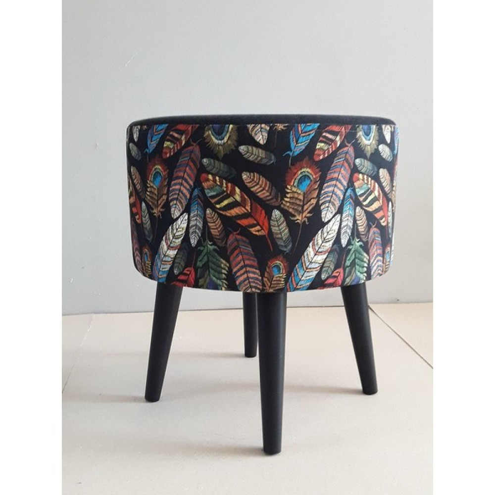 Albatros Gürgen Retro Ahşap Ayaklı Dekoratif Kuştüyü Desenli Silindir Puf Bench Koltuk Sandalye - 43 x 45 cm - Siyah Puf Fiyatı