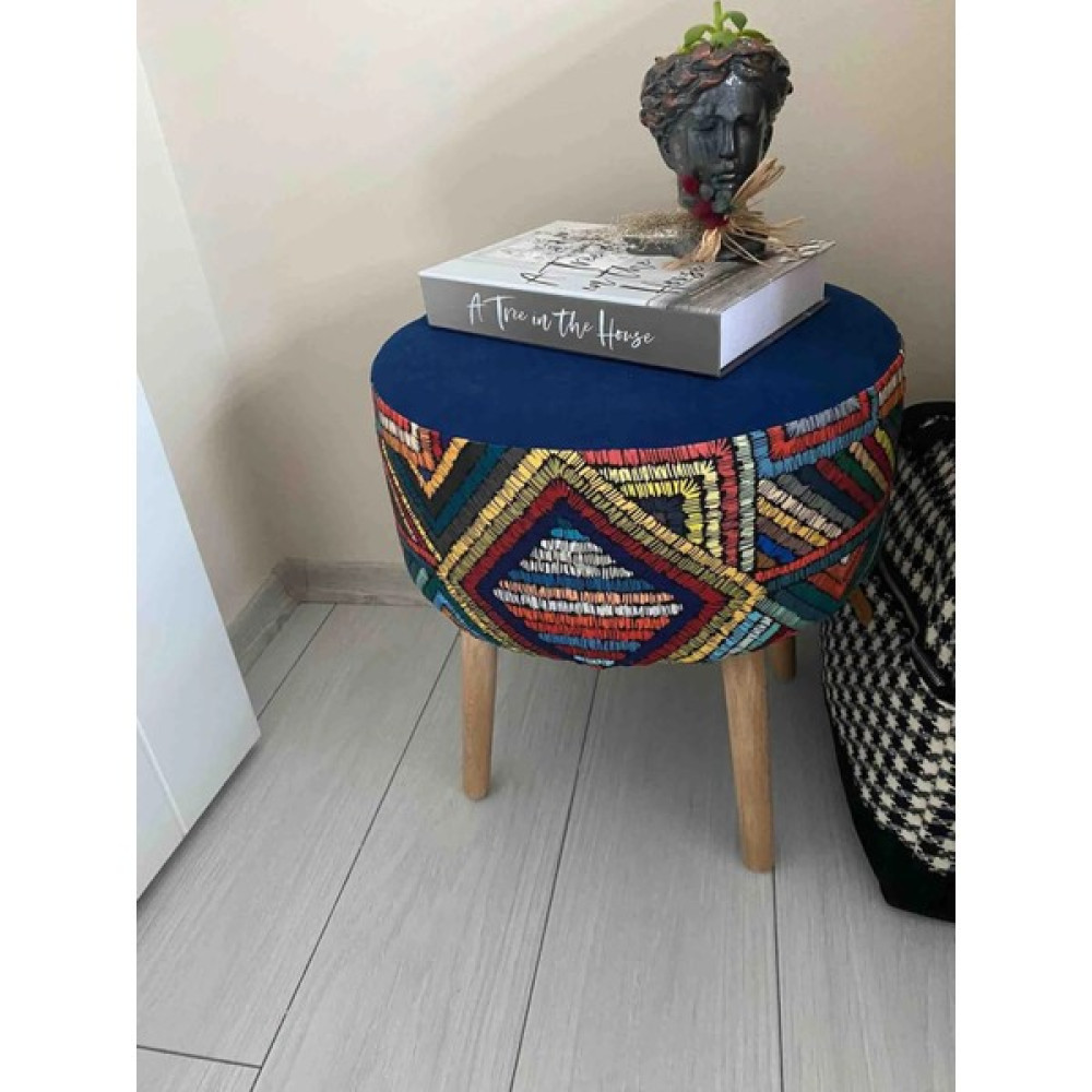 Albatros Gürgen Retro Naturel Ahşap Ayaklı Dekoratif Etnik Üst Lacivert Desenli Silindir Puf Bench Koltuk Sandalye - Açık Ceviz Puf Fiyatı