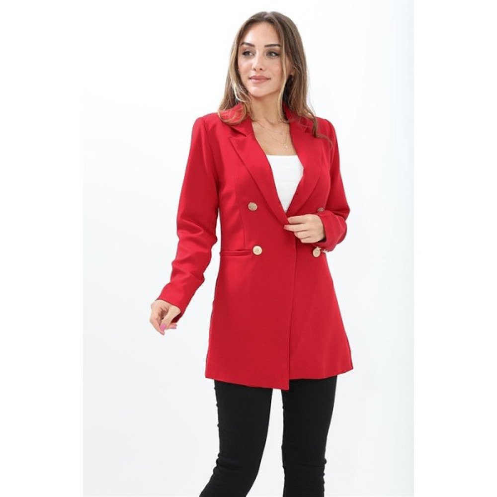 Albi Moda Omuzları Vatkalı Önü Çıtçıtlı Atlas Kumaş Kadın Blazer Ceket - Kırmızı Bayan Ceket Fiyatı