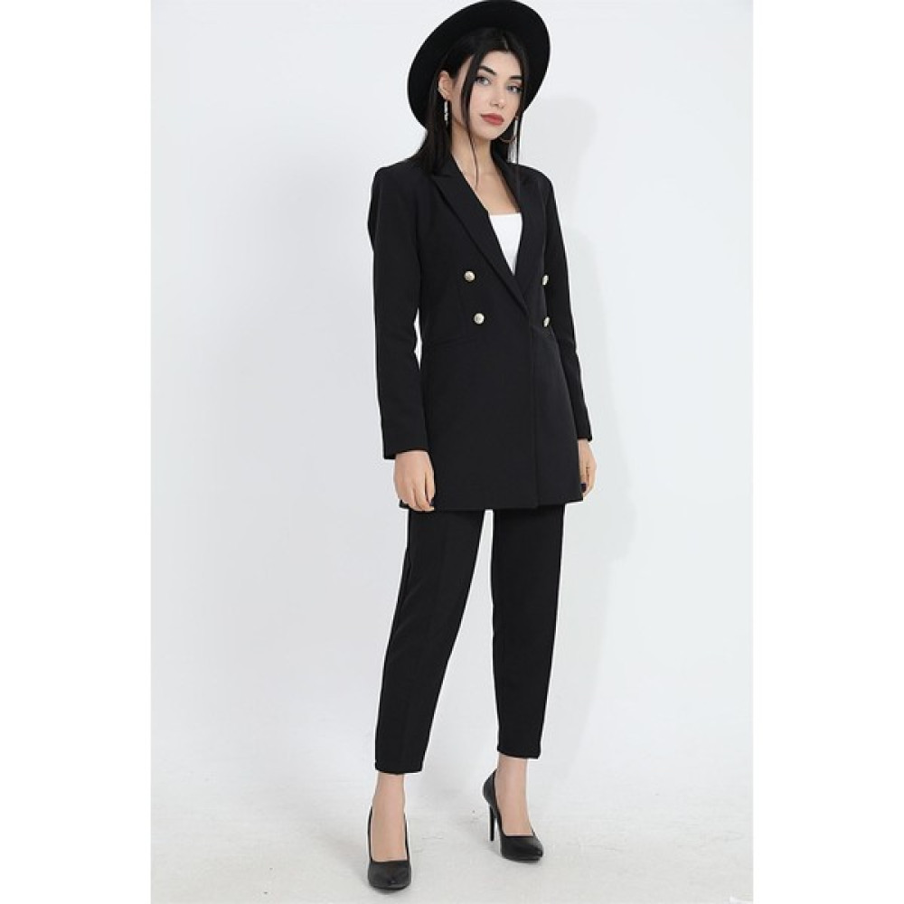 Albi Moda Omuzları Vatkalı Önü Çıtçıtlı Atlas Kumaş Kadın Blazer Ceket - Siyah Bayan Ceket Fiyatı